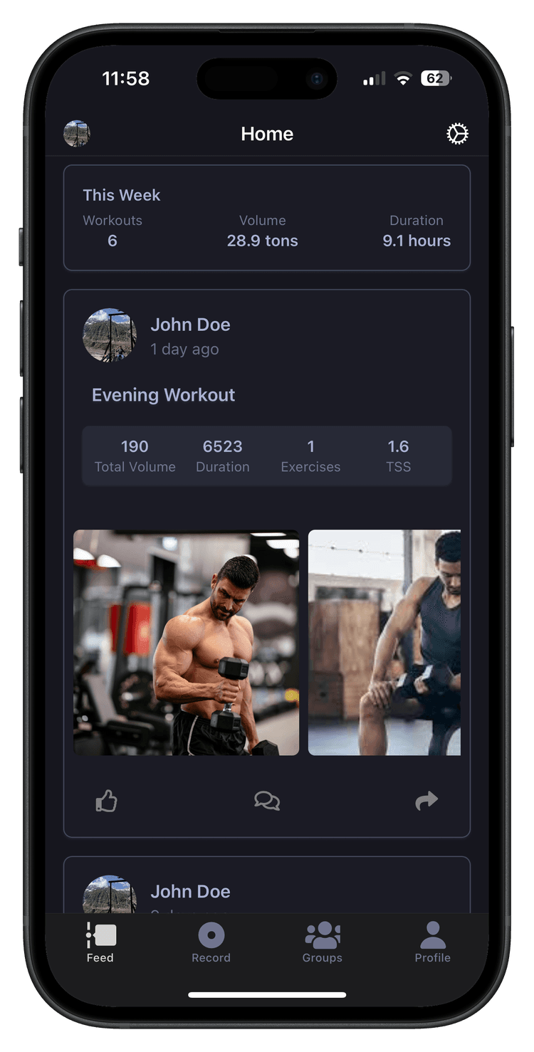 Fitness app feed showing daily activities and progress